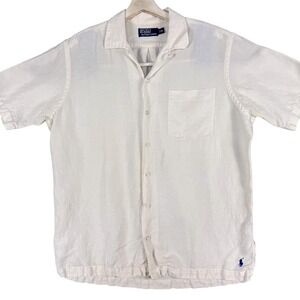 Polo Ralph Lauren Shirt Mens Medium White Linen Silk Short Sleeve Camp Pony Logo